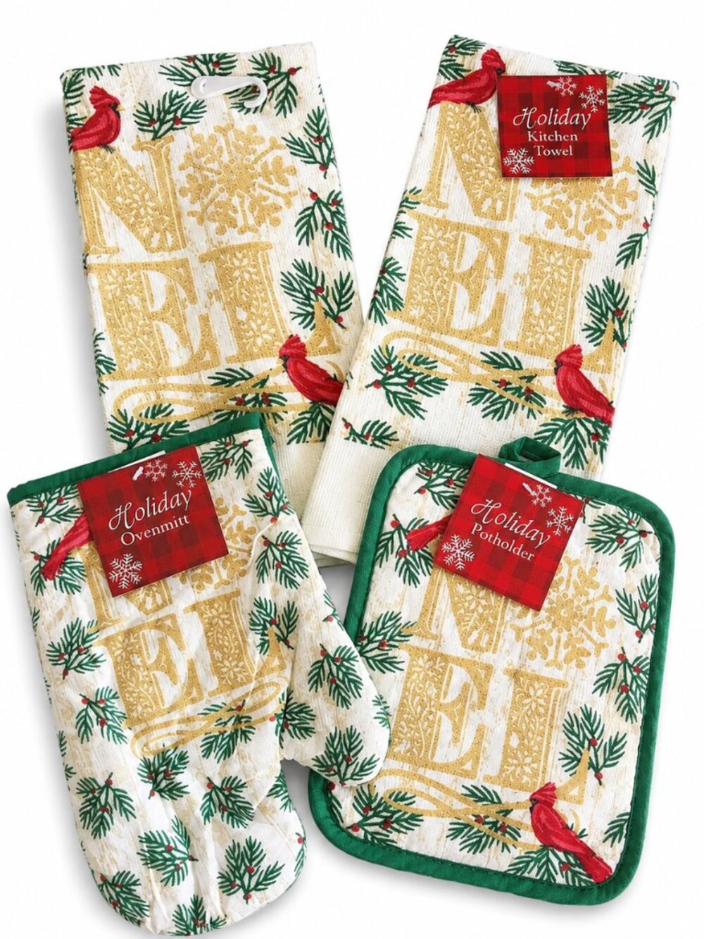 Christmas Kitchen Dish Towels Potholder Oven Mitt Noel Holly Set of 4 Holiday
